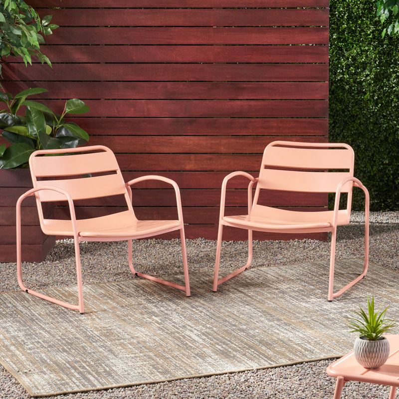 Arij Outdoor Slat Metal Accent Chairs, Matte Coral