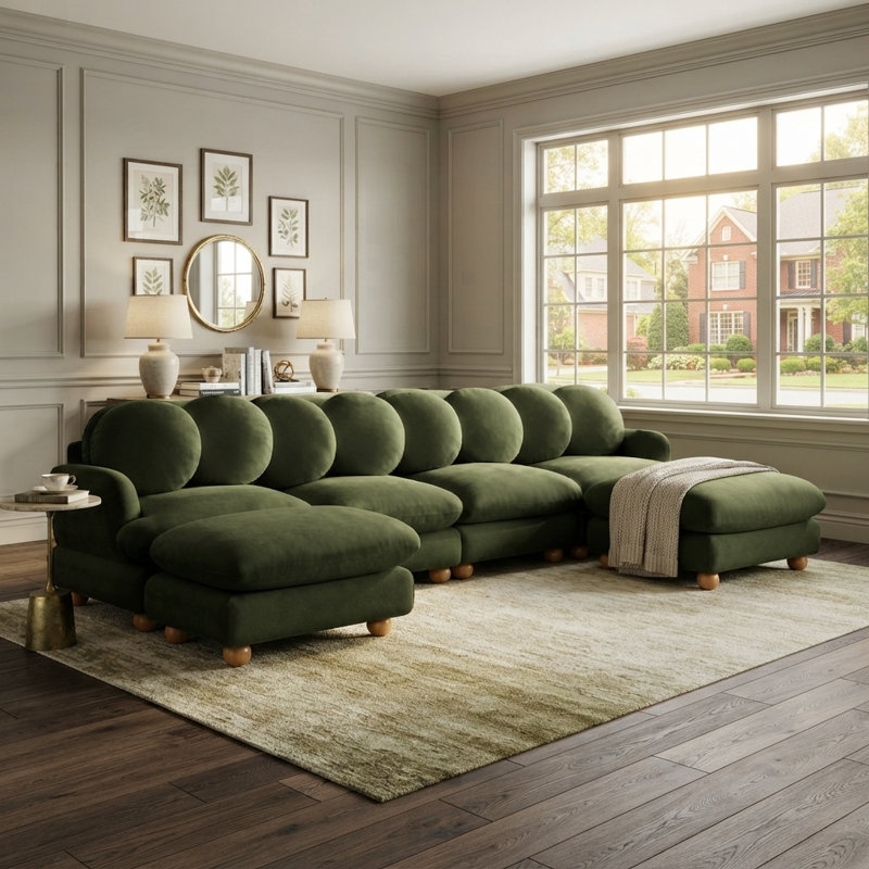 Ensemble de salon modulaire 6 pièces en chenille avec 2 poufs, 8 coussins ronds et pieds en bois massif, vert olive
