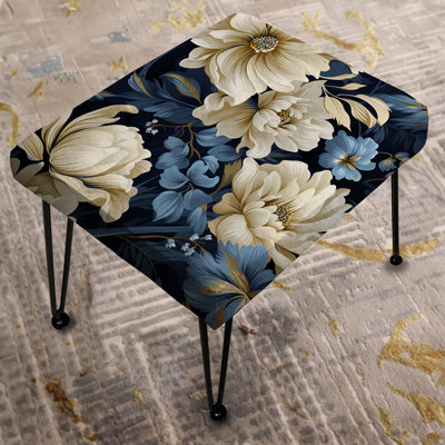 Dark Blue And White Flower Damask Breeze - Damask Rectangle Ottoman by Design Art