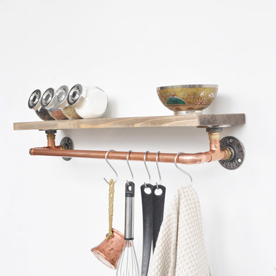 Handmade Industrial Rose Gold Pipe & Rustic Wood Wall Mounted Kitchen Shelf With Hooks