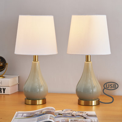 Ensemble de lampes de table modernes en céramique 18 "avec ports USB et base en bronze antique poli pour chambre à coucher, salon et bureau Conyer