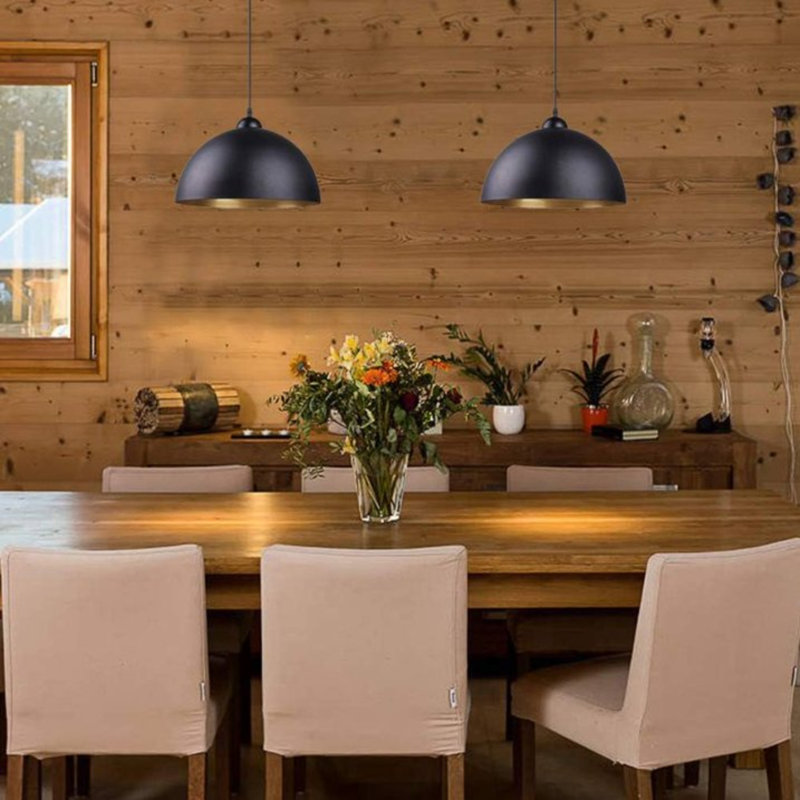 2 - Light 12" Industrial Pendant Light with Black Metal Dome Shape for Kitchen Island Dining Room