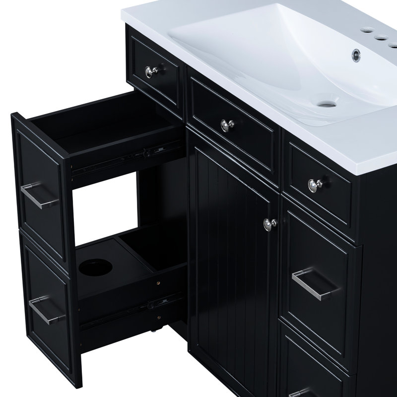 Meuble-lavabo de salle de bain, finition noire, bois massif et pour la longévité en noir, composé de nombreux rangements, porte