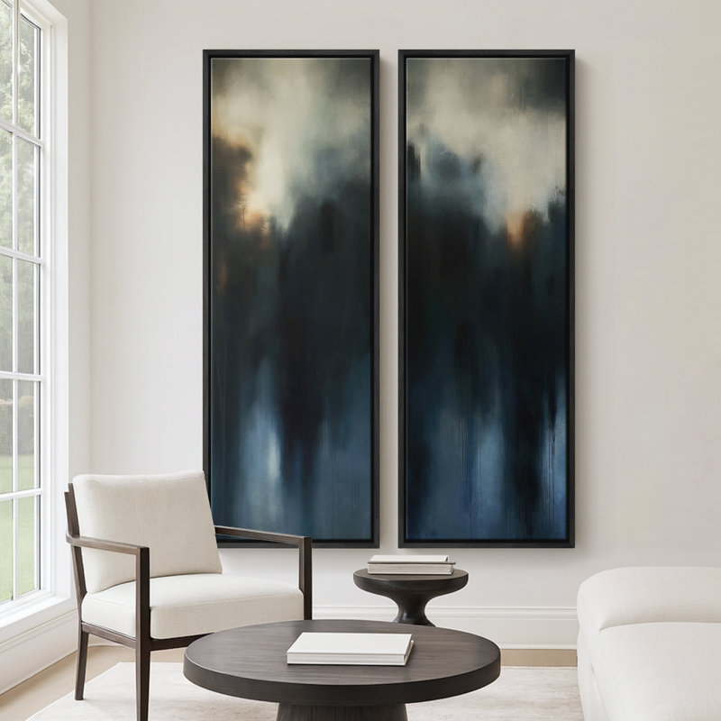 «Moody Deep Blue Abstract Misty Landscape», ensemble de 2 reproductions d'art murales encadrées sur toile 60 po x 20 po x 2 pièces, 60 po x 30 po x 2 pièces