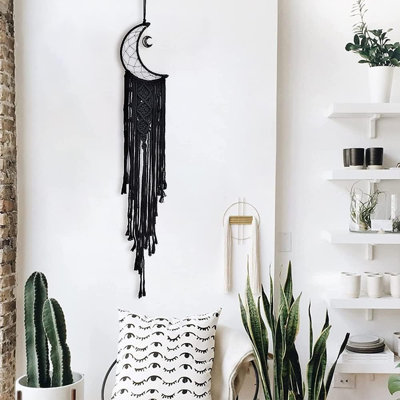 Décoration lune attrape-rêves, attrape-rêves tissé en macramé avec lumière, décoration murale bohémienne, chambre à coucher, décoration intérieure (lune noire)