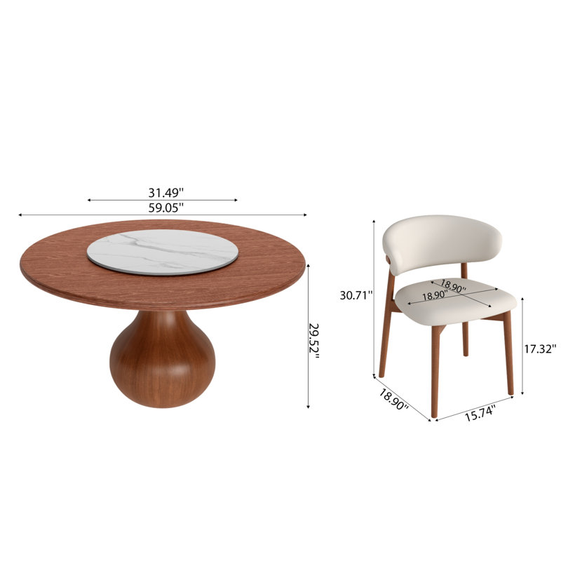 Ensemble de 5 tables de salle à manger rondes en bois massif avec plateau tournant pour 4, 5 pièces: table, 4 chaises