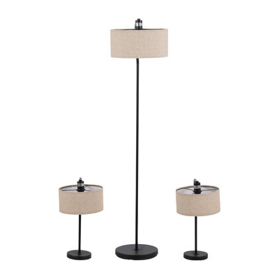 Modern Neutral Set of 3 Metal Floor and Table Lamps, Linen Shades, Black - 14" x 20" x 61"
