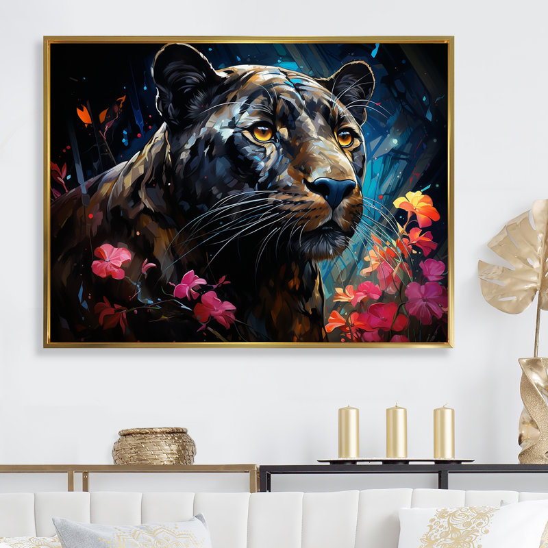 " Dreamy Panther Nocturne " Print, Gold Floater Framed, 30" H x 40" W x 1.5"D
