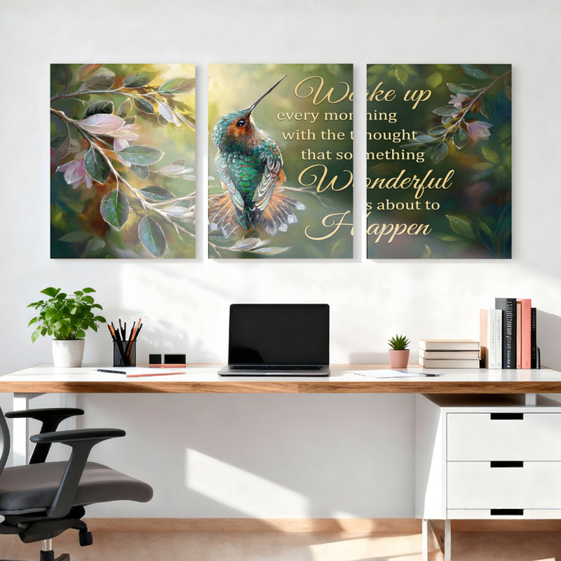 Ensemble de 3 tableaux sur toile tendue représentant un colibri et des fleurs, pour la décoration du salon et de la chambre à coucher.
