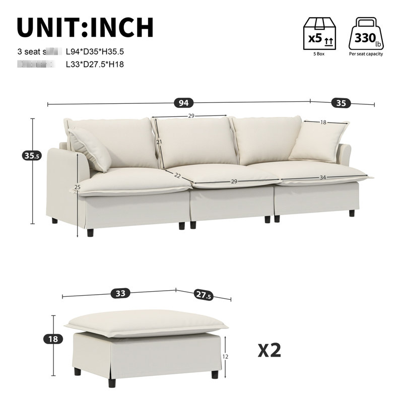 Chenille modulaire avec canapé relaxant 5 places pour chambre à coucher, Chenille beige