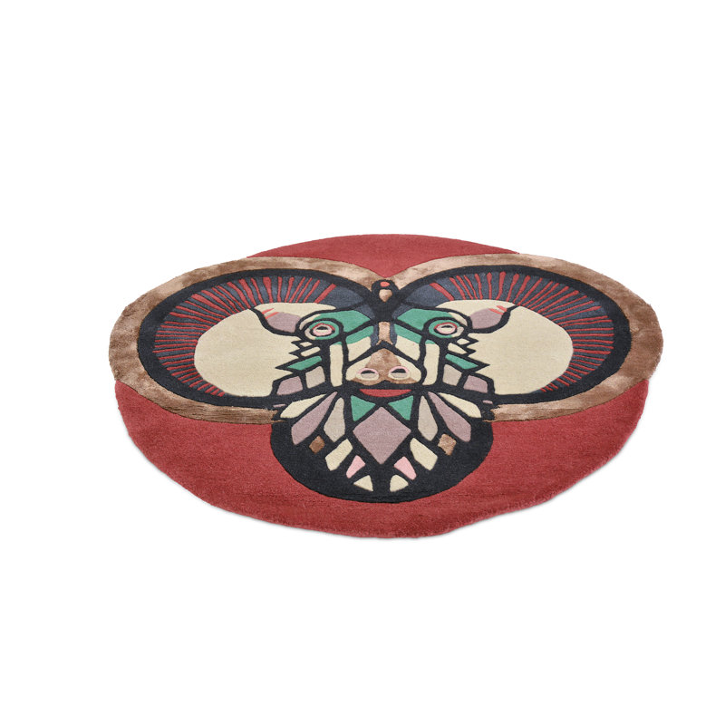 Hand Tufted Abstract Area Rug in Red/Black/Green/Beige, Round 6'7"