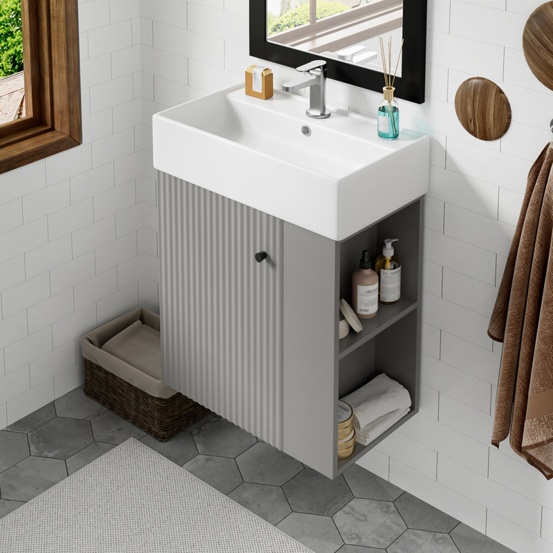 Meuble-lavabo flottant moderne de 21,6 po avec lavabo en céramique et rangement latéral, parfait pour les petites salles de bain