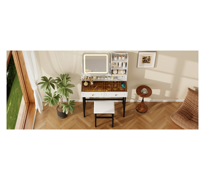 Meuble-lavabo moderne avec miroir à DEL, plateau en verre ambré et station de charge, coiffeuse blanche avec 2 tiroirs et tabouret