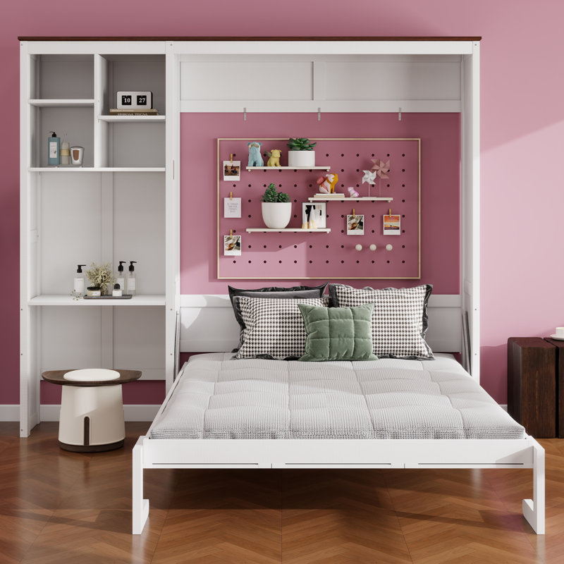 Lit escamotable Queen Size avec bureau, appliques murales et rangements à plusieurs niveaux, lit mural gain de place avec étagères et placards