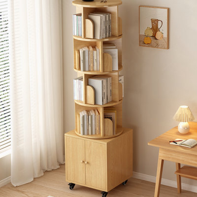 Rotating Bookshelf, 360 Degree 5-Tier Corner Organizer With Drawer For Small Space, Floor Standing Storage Rack, Wood Narrow Shelf For Bedroom And Living Room