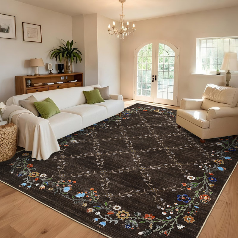Floral Machine Washable Rugs for Living Room Non-Slip Farmhouse Accent Rug  Foldable Thin Indoor Carpet Stain-Resistant Modern Floor Mats for Bedroom, Nursery, Dining Room