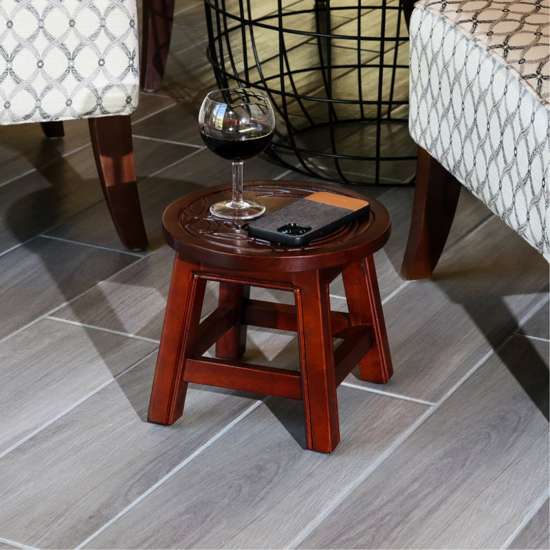 Tabouret en cerisier - Ornement floral pour table d'hévéa fonctionnelle en bois d'hévéa de 10 po de hauteur x 11 po de diamètre