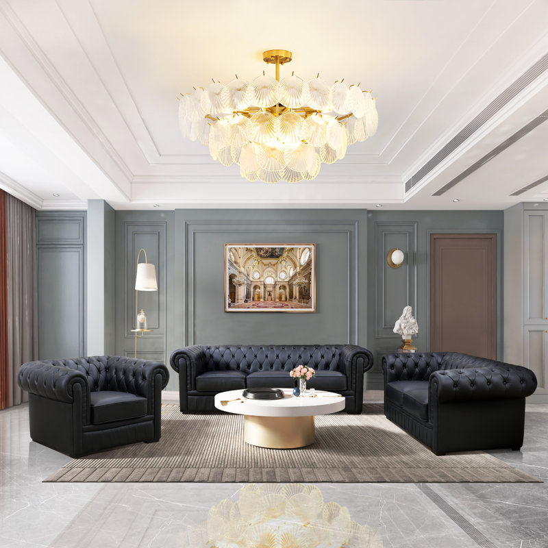 Ensemble de canapé de salon classique en cuir de vache véritable capitonné 3 pièces, Cuir véritable noir