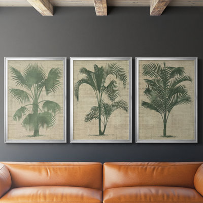 Burlap Palm Silhouette I  -Custom Framed  Wrapped Gallery Canvas - 3 Pieces