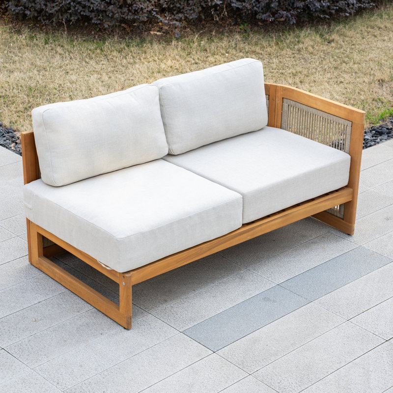 Guzal Acacia Wood Rope Weaving Patio Outdoor Sofa With Cream Cushions, Left
