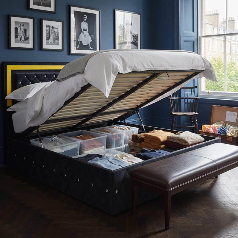 Velvet Ottoman Bed With LED Headboard, Glam Upholstered Storage Frame With Crystal Tufting, Black & Beige, Black
