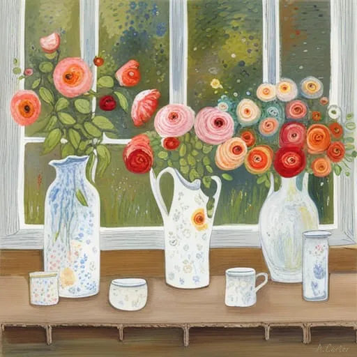 Joyeux pichets et pétales - Art floral de fenêtre fantaisiste, H 30 po x l 30 po