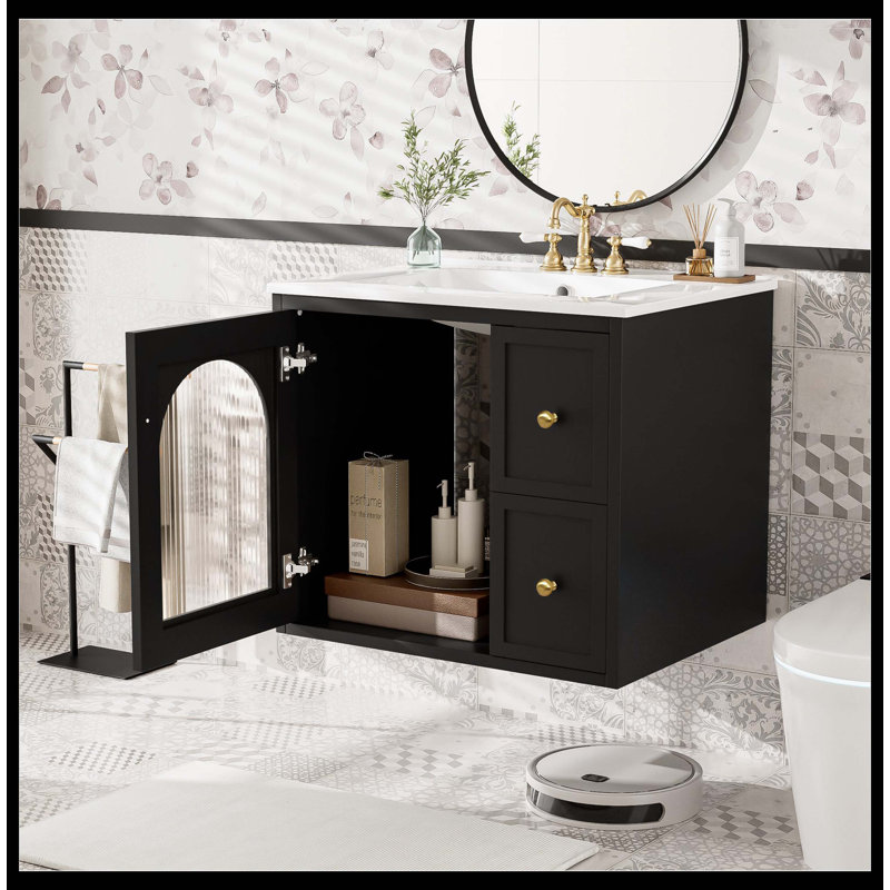 Ensemble de meuble-lavabo mural 24 po pour petits espaces, armoire avec lavabo en céramique, 2 tiroirs et 1 porte à fermeture douce