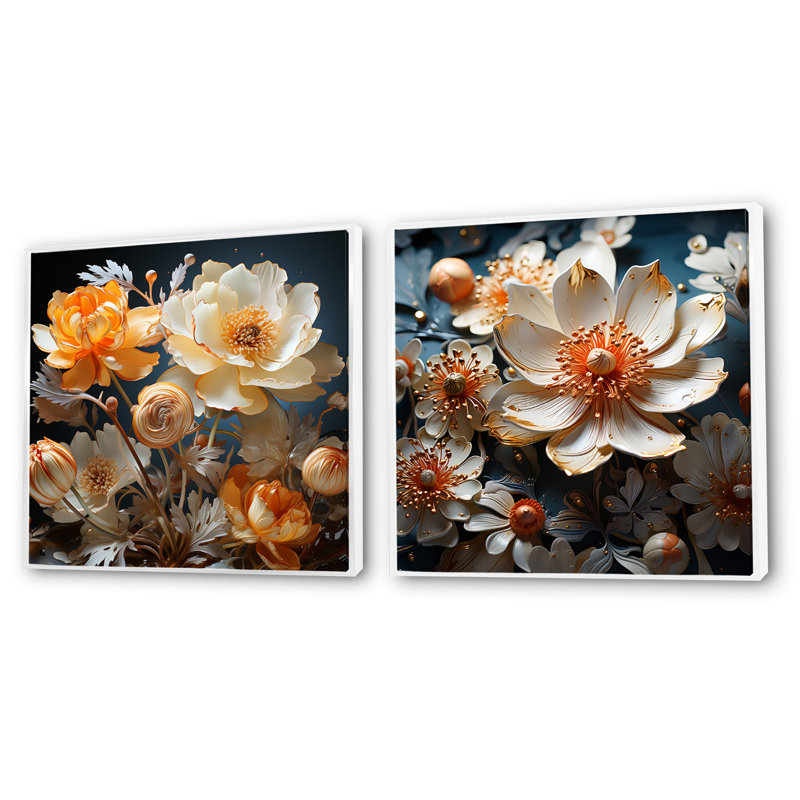 Buttercups Emotion Sunshine - ensemble de 2 collages carrés floraux, Cadre flottant blanc, H 16 po x l 33 po