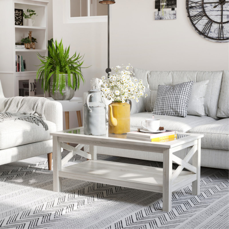 Espinet Traditional Coffee Table With Wood Frame, Tempered Glass Tabletop And Underneath Storage Shelf, White Oak