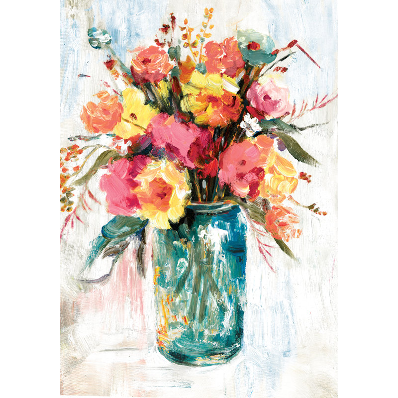 Bright Florals in a Blue Vase - Painting Print, 76cm H x 51cm W, Black Floater Framed