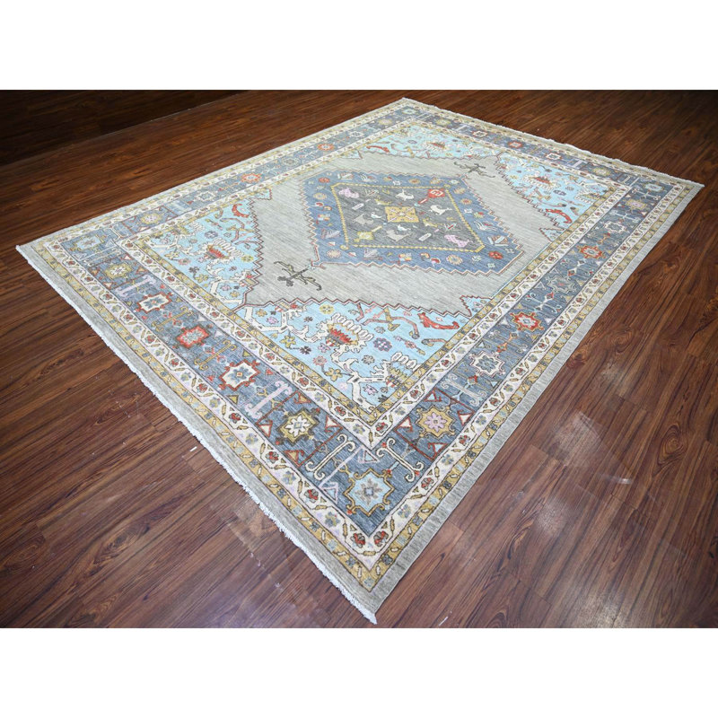 Tapis gris noué à la main de conception unique 8 pi 8 po x 11 pi 7 po New Age