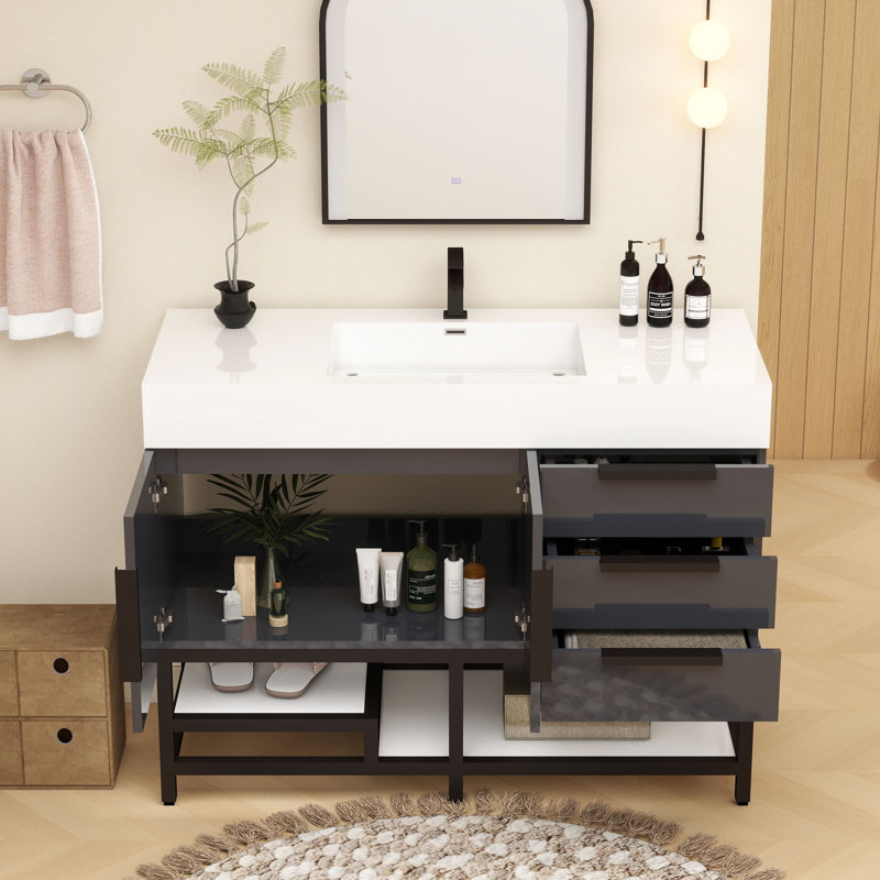 Meuble-lavabo sur pied simple 48 po, Gris brillant
