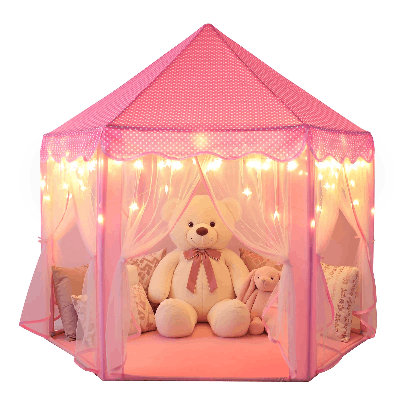 Tente de jeu Sumbababy pour enfants, tente princesse avec guirlande lumineuse à 20 étoiles, coin lecture d'intérieur rose à pois pour filles, 122 cm de profondeur x 122 cm de largeur x 132 cm de hauteur