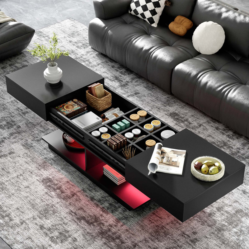 Table basse extensible, table basse centrale efficace avec plusieurs compartiments de rangement, table basse réglable multifonctionnelle avec espace de rangement caché pour le salon