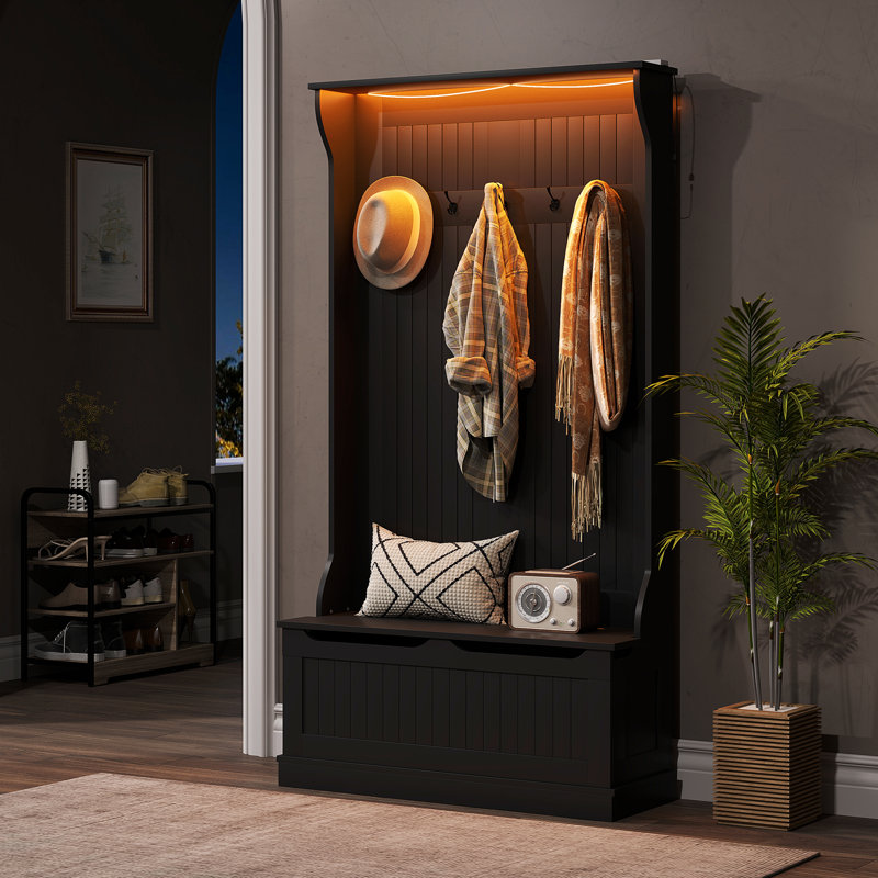 3-In-1 Hall Tree With LED Lights And Shoe Storage, Standing Coat Rack With Shoe Bench, Entryway Organizer With Five Hooks