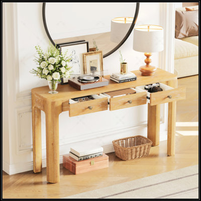 Console rustique avec coins arrondis, 3 tiroirs dissimulés, table de canapé robuste pour le couloir et le salon (naturel)