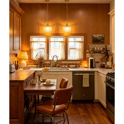 Brass Vintage Pendant Light with Clear Striped Glass, Adjustable for Kitchen Island Dining Room Hallway