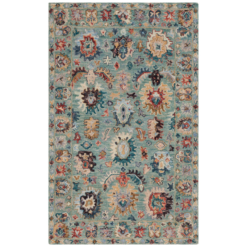 Shuo Tufted Wool/Cotton Performance Floral Rug in Blue/Rust, Rectangle 4' x 6'