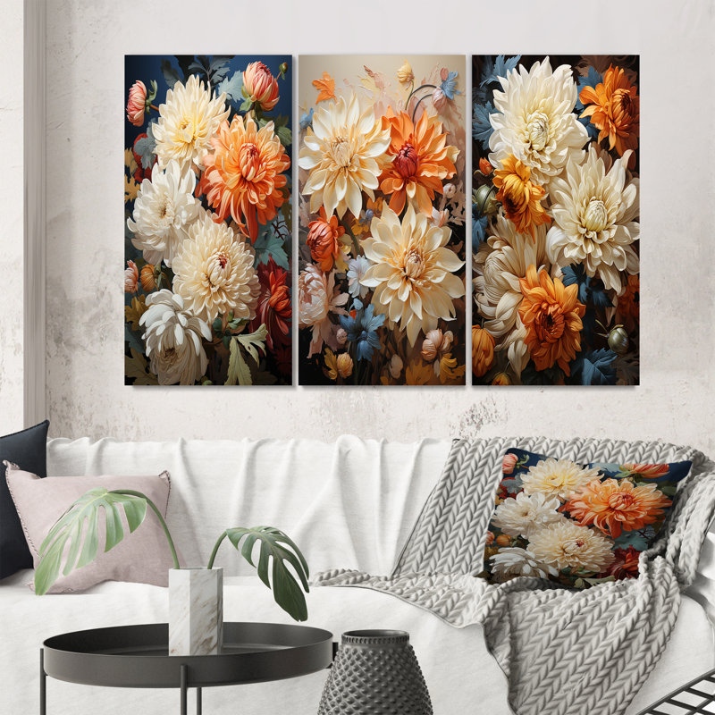 «Chrysanthemums Autumn Collage», 3 pièces sur toile, H 32 po x l 48 po, Toile tendue