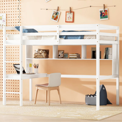 Lit mezzanine simple blanc avec bureau et tablettes, barrière de sécurité sécurisée, taille de fabrication en pin incluse, structure
