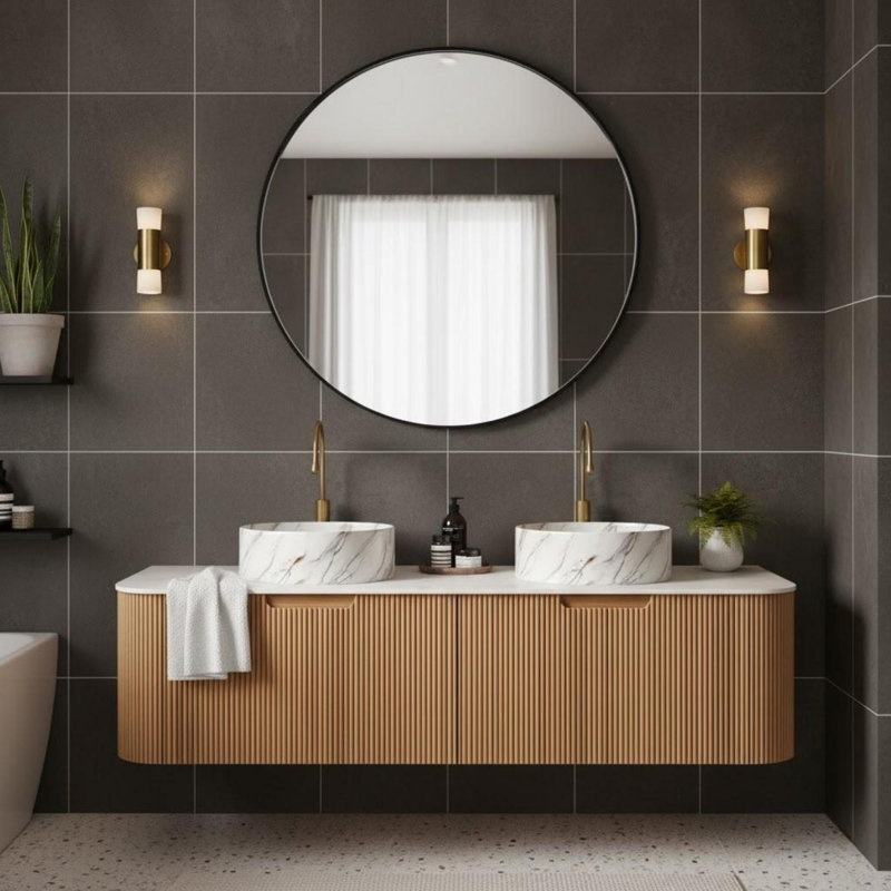 Armoire de salle de bain murale 60 po à bords courbés et rayée avec lavabo rond en céramique blanche à motif de pierre