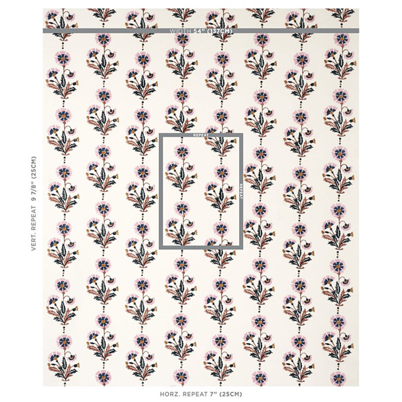 Schumacher x Molly Mahon Dianthus Hand Block Print Fabric, Rust/Rose