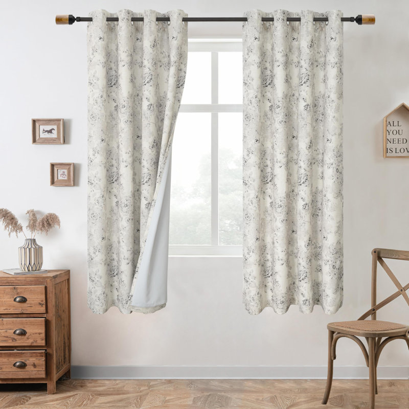 Floral Curtains 100% Blackout Curtains Linen Look Room Darkening Thermal Insulated Grommet Curtains, 52" W x 63" L