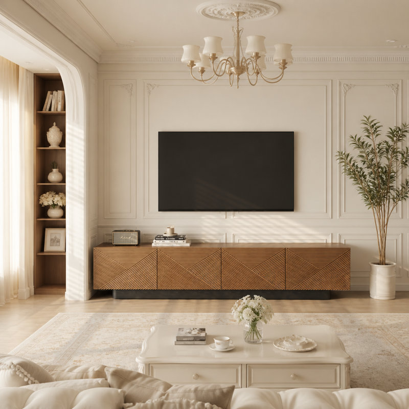 78.74" Mid Century Modern TV Stands, with Brown Solid Wood Veneer, Media Consoler with 4 Cabinets
