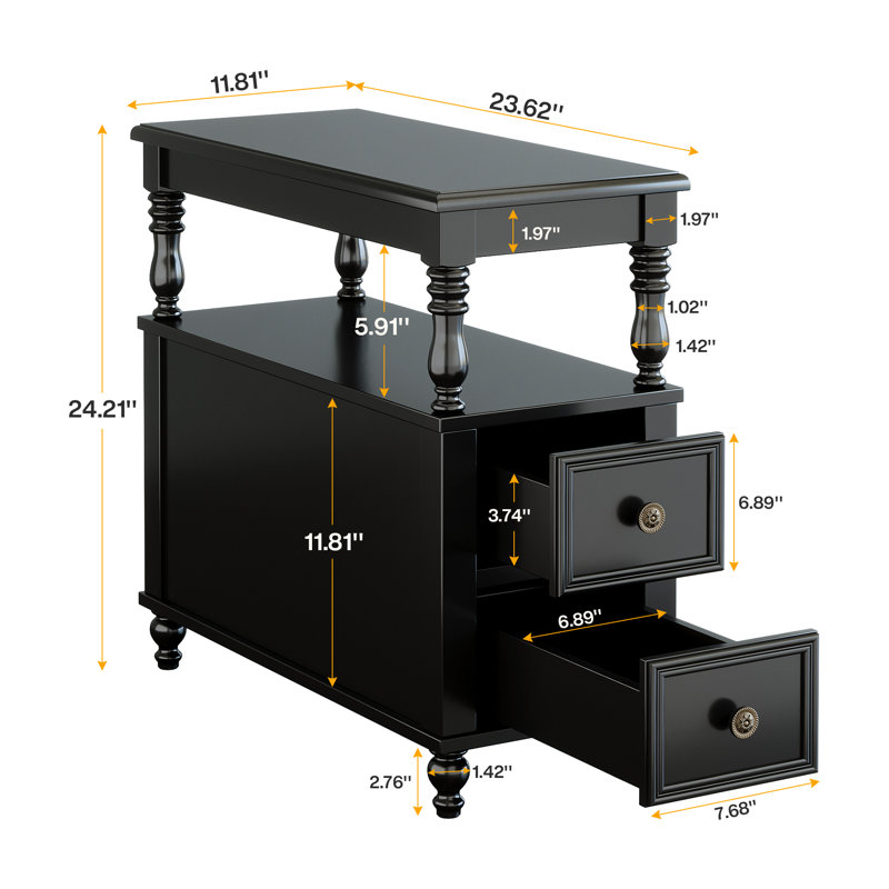 Table de bout à 2 tiroirs en bois massif avec détails cannelés, Glossy Black, 1