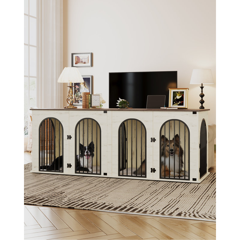 71" White and Brown Heavy Duty Dog Crate Furniture with Divider