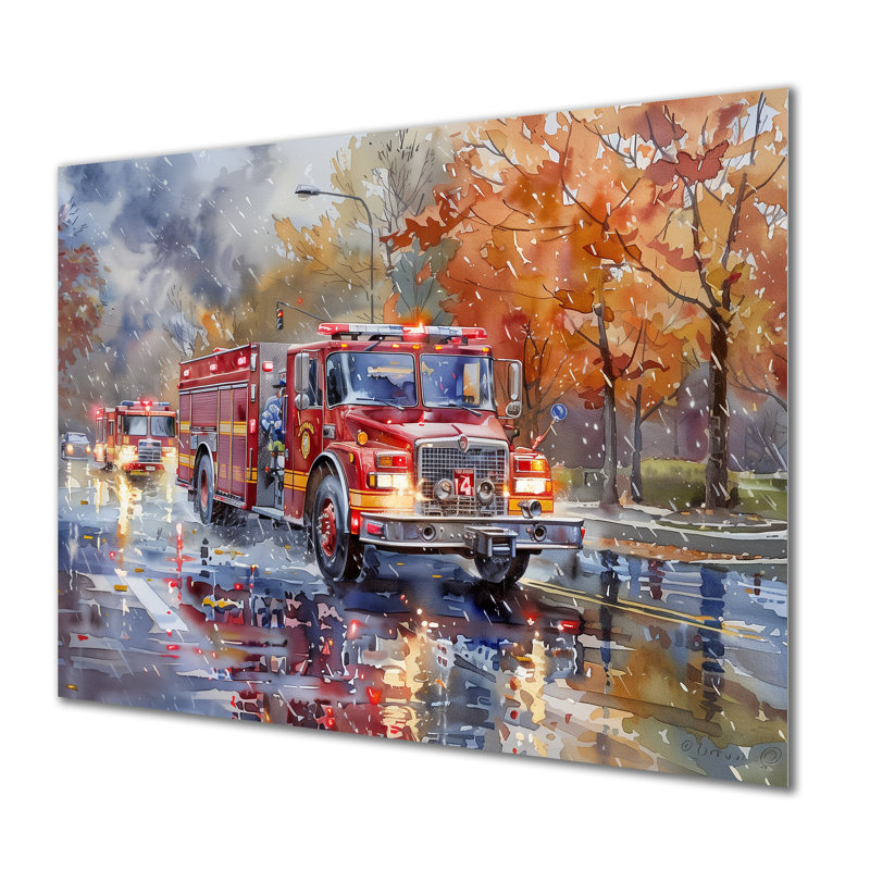 Camion de pompier rouge en automne, New York II, H 16 po x l 32 po x P 1 po, Métal métal