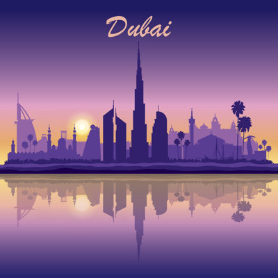 Dubai Skyline Silhouette On Sunset Background by Irayoflight - Wrapped Canvas Print