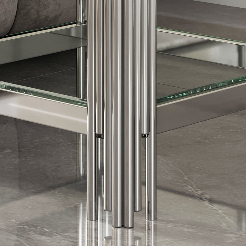 Table de bout avec cadre en acier inoxydable argenté et verre trempé - rangement supplémentaire et construction moderne facile à assembler pour maximiser l'espace de rangement et le matériau