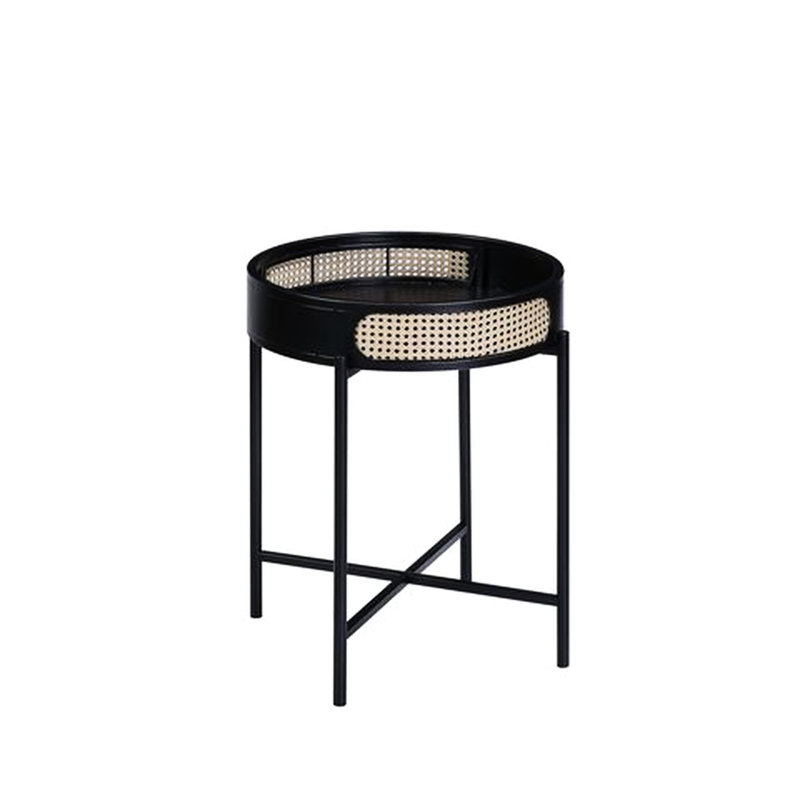 Table noire avec plateau en bois, pieds en métal, insert et rangement utilitaire